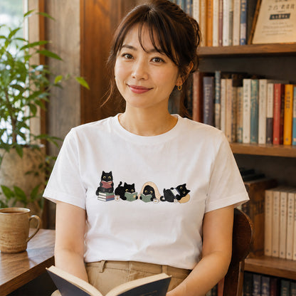 読書黒猫 Tシャツ ｜ 猫好き・読書好き・本好きに人気