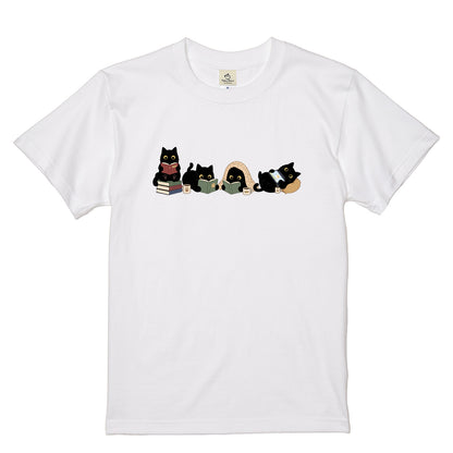 読書黒猫 Tシャツ ｜ 猫好き・読書好き・本好きに人気