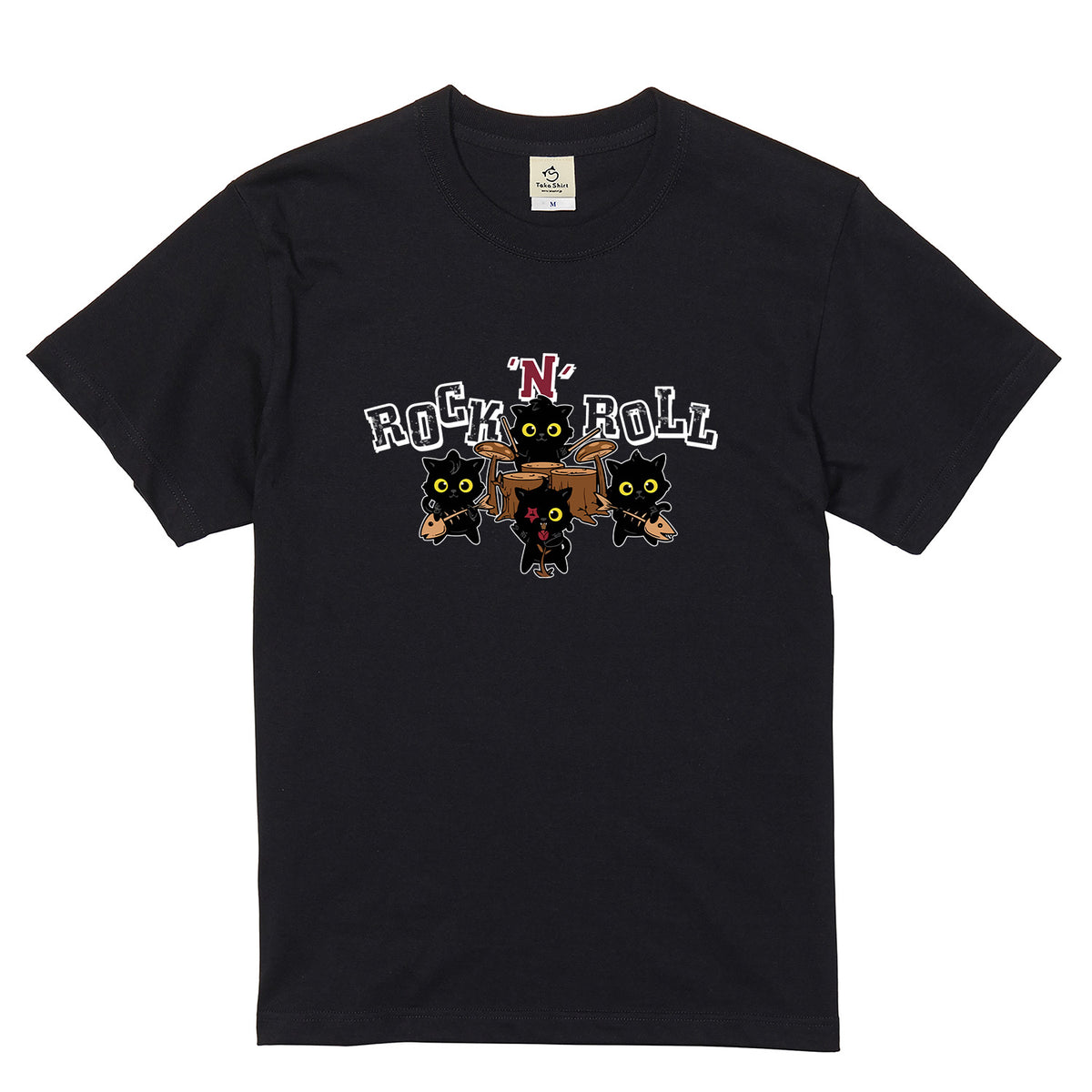 ROCK 'N' ROLL 黒猫バンド Tシャツ ｜ 猫好き・ロック・音楽好きに人気