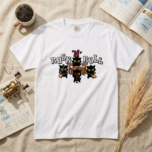 ROCK 'N' ROLL 黒猫バンド Tシャツ ｜ 猫好き・ロック・音楽好きに人気