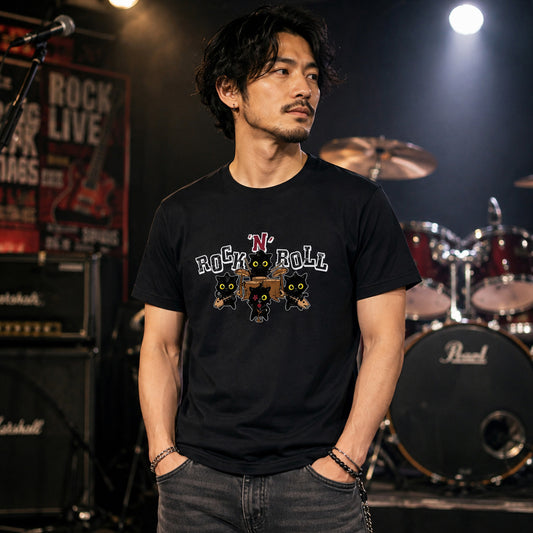 ROCK 'N' ROLL 黒猫バンド Tシャツ | 猫好き・ロック・音楽好きに人気