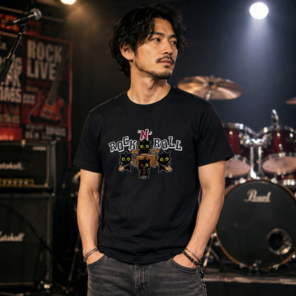 ROCK 'N' ROLL 黒猫バンド Tシャツ ｜ 猫好き・ロック・音楽好きに人気