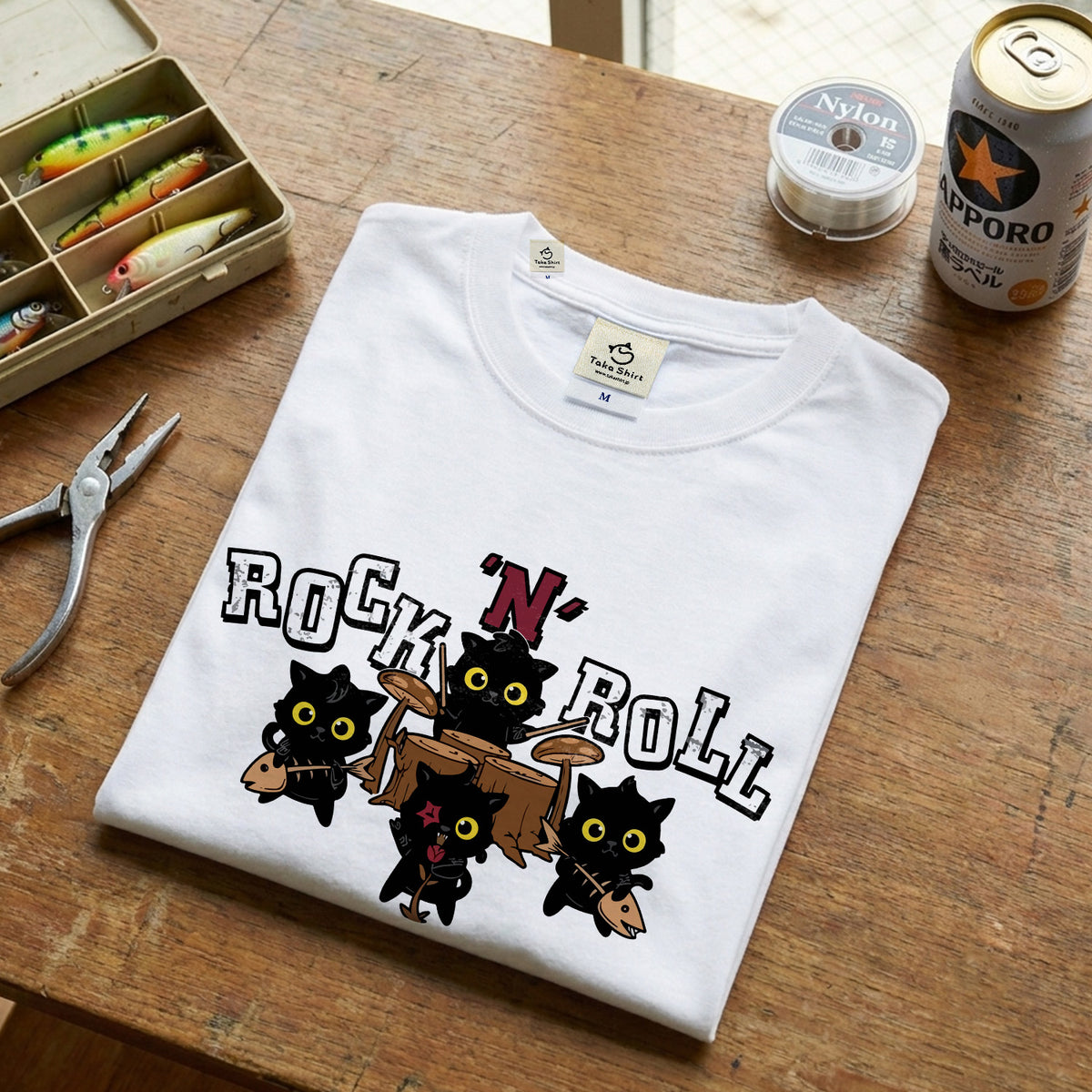 ROCK 'N' ROLL 黒猫バンド Tシャツ ｜ 猫好き・ロック・音楽好きに人気