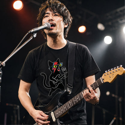 ロックスター 黒猫 ギター Tシャツ ｜ 猫好き・音楽好き・ロックに人気