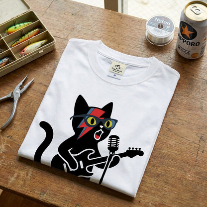 ロックスター 黒猫 ギター Tシャツ ｜ 猫好き・音楽好き・ロックに人気