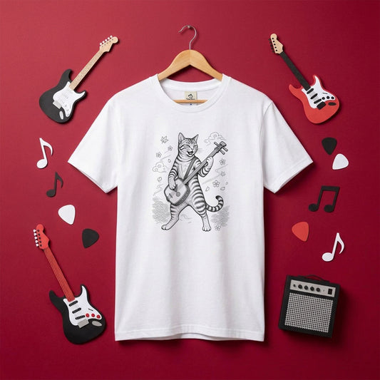 三味線猫 | 三味線 猫 和風 浮世絵風 イラスト Tシャツ【猫好き・和柄・伝統芸能・誕生日ギフトに最適】