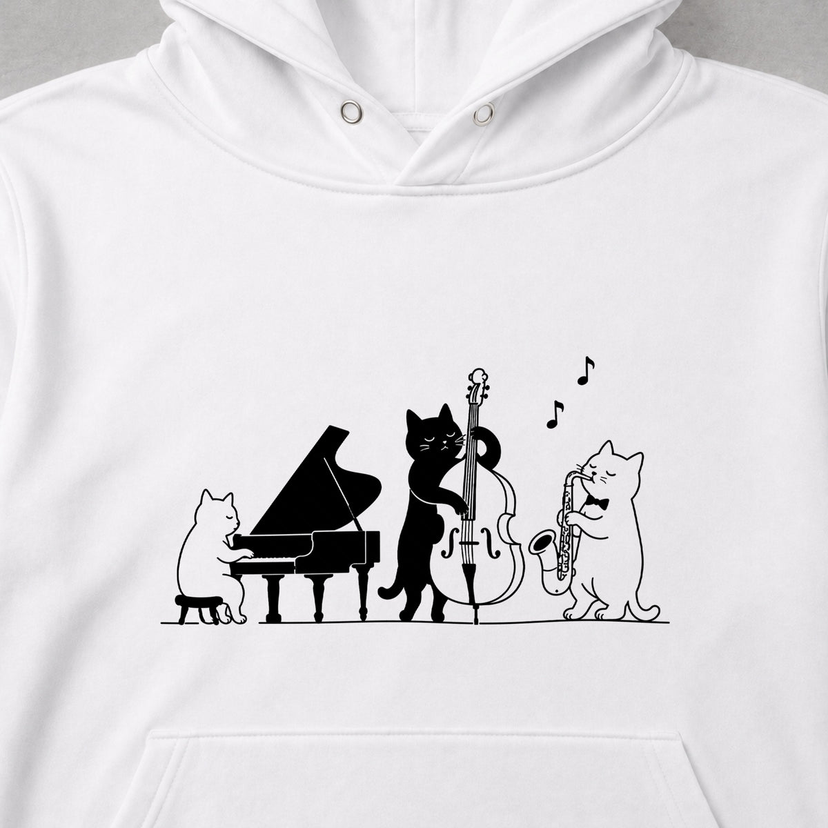 ジャズ トリオ 猫 ピアノ ウッドベース サックス 音楽 パーカー ｜フロントプリント