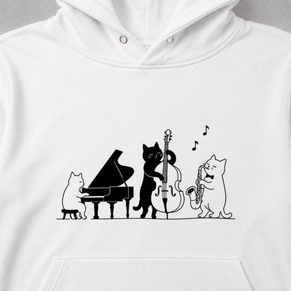 ジャズ トリオ 猫 ピアノ ウッドベース サックス 音楽 パーカー ｜フロントプリント