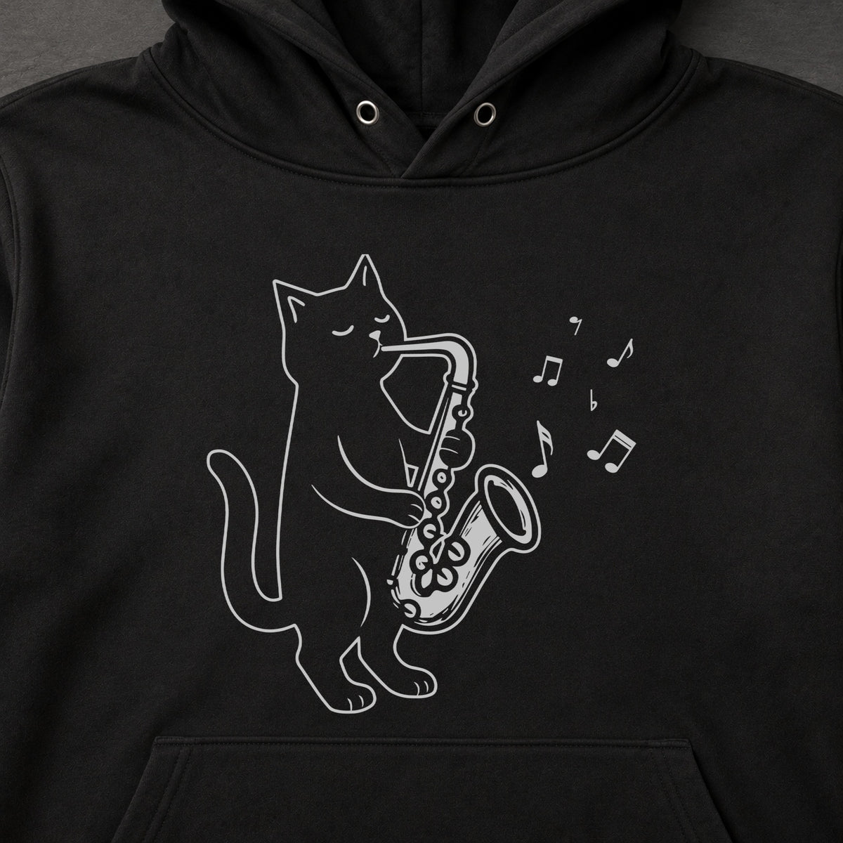 黒猫 サックス ジャズ キャット 音楽 パーカー ｜フロントプリント