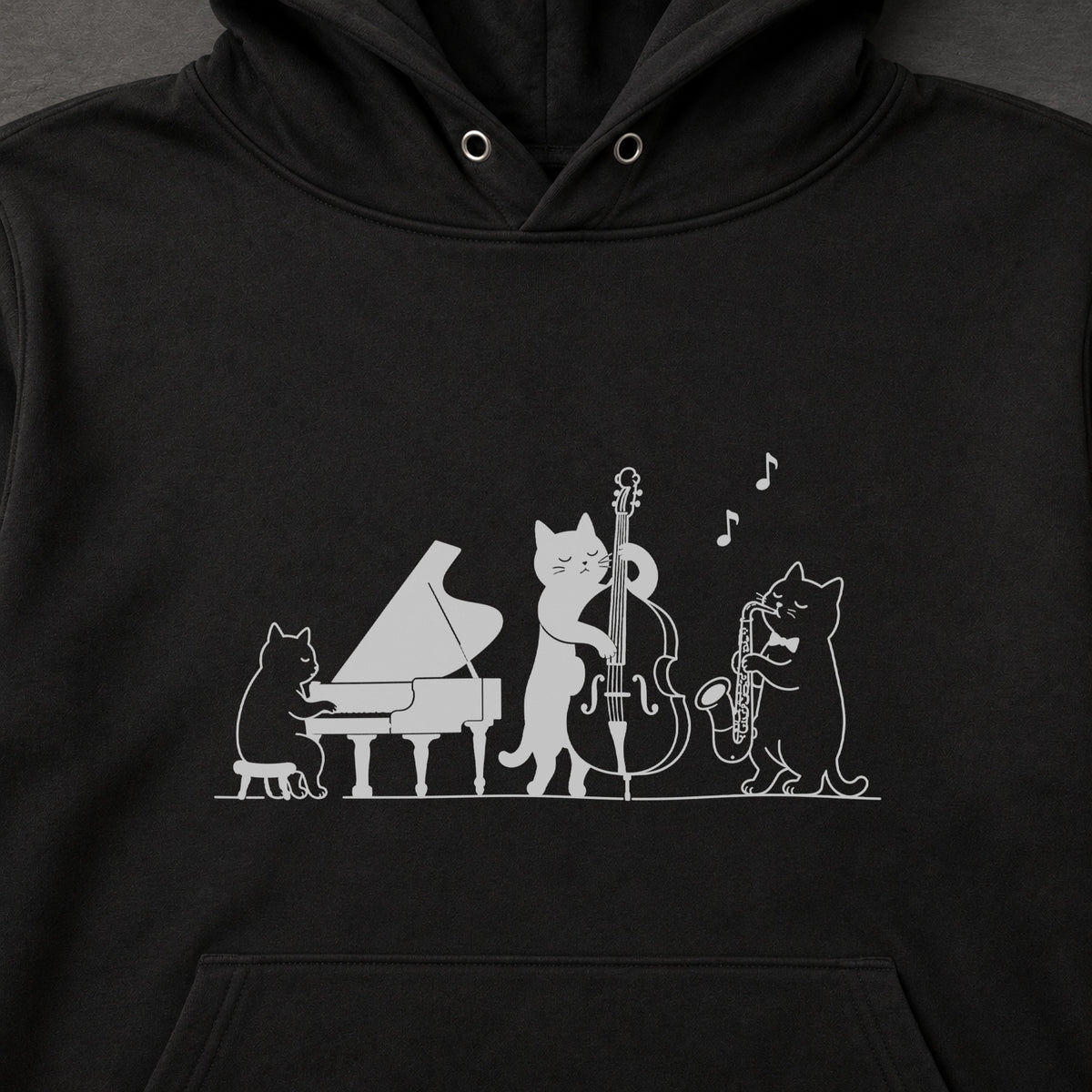 ジャズ トリオ 猫 ピアノ ウッドベース サックス 音楽 パーカー ｜フロントプリント