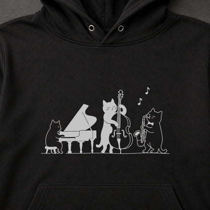 ジャズ トリオ 猫 ピアノ ウッドベース サックス 音楽 パーカー ｜フロントプリント