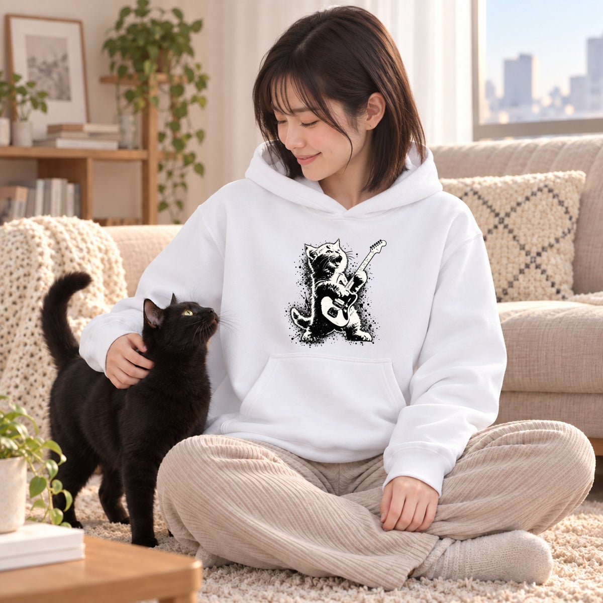 ロック 子猫 エレキギター ギター キッズ ロッカー パーカー ｜フロントプリント