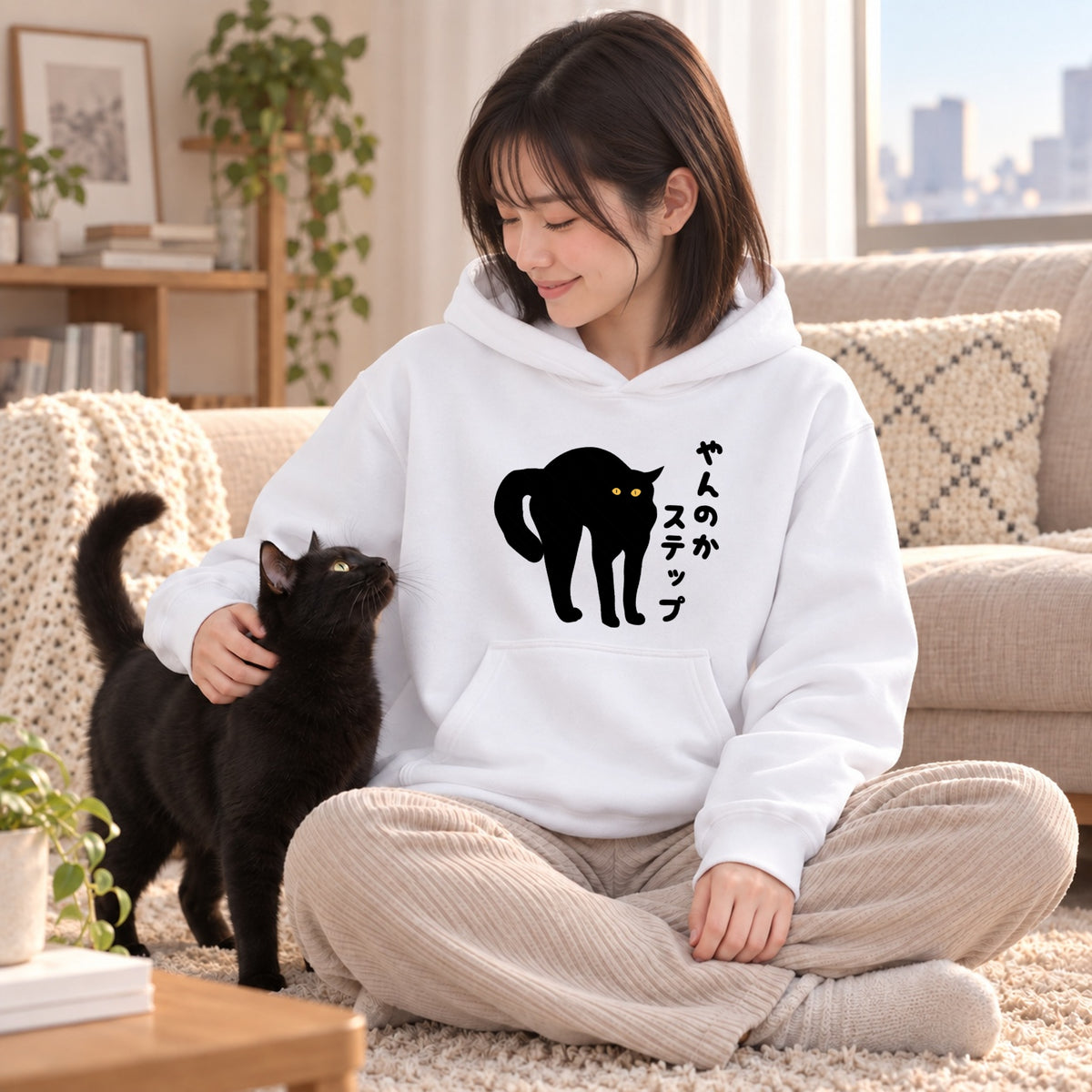 やんのかステップ 黒猫 威嚇 猫 おもしろ パーカー ｜フロントプリント