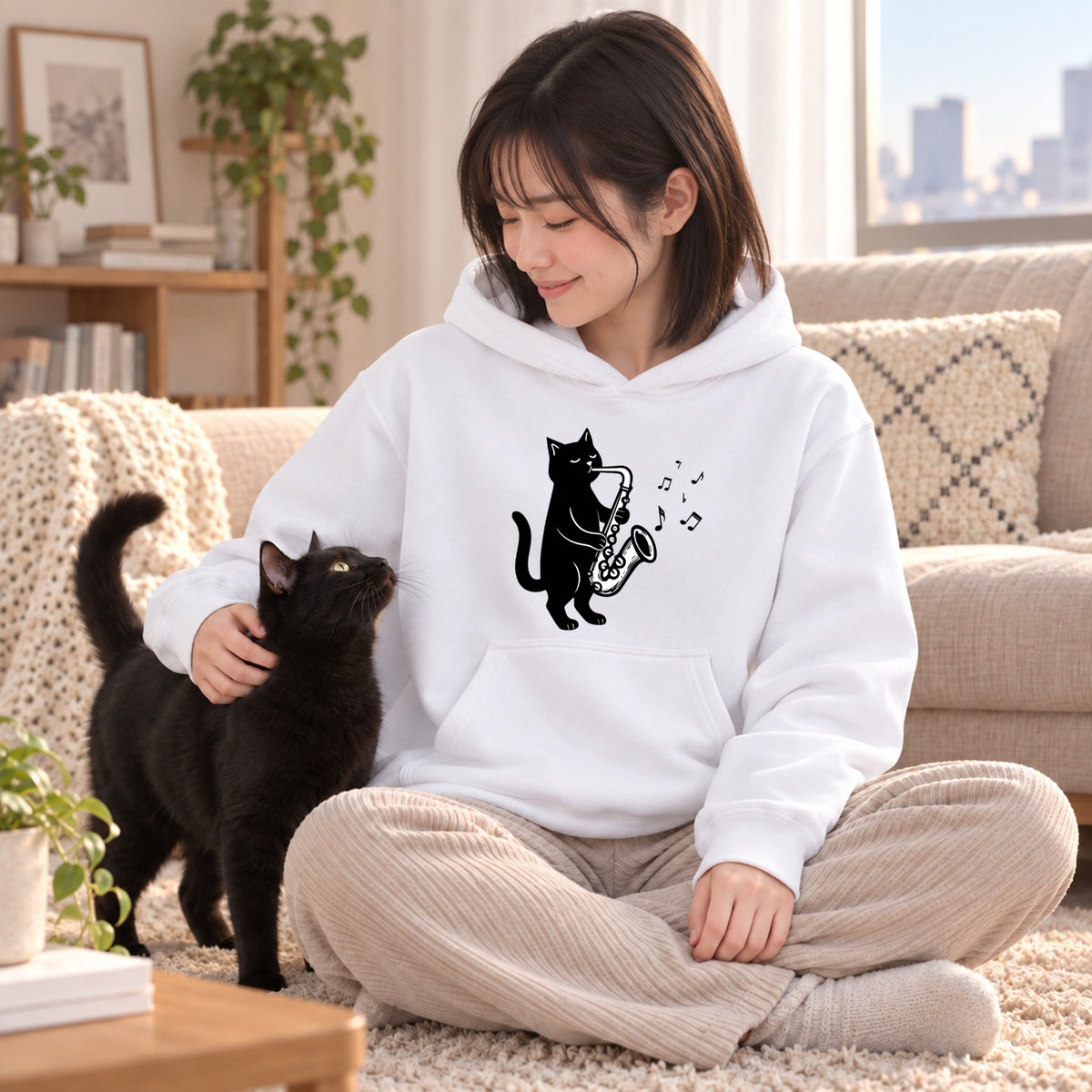 黒猫 サックス ジャズ キャット 音楽 パーカー ｜フロントプリント