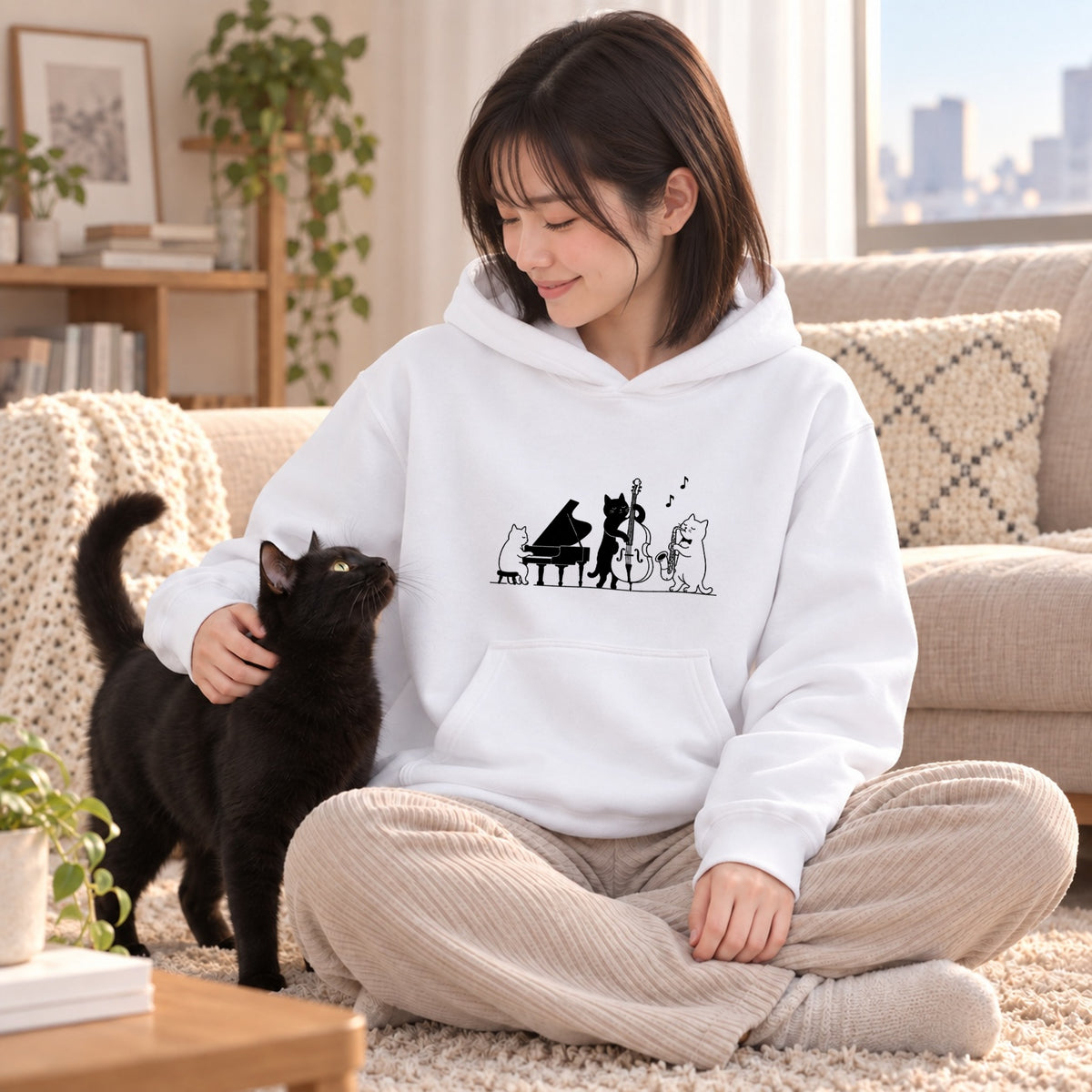 ジャズ トリオ 猫 ピアノ ウッドベース サックス 音楽 パーカー ｜フロントプリント
