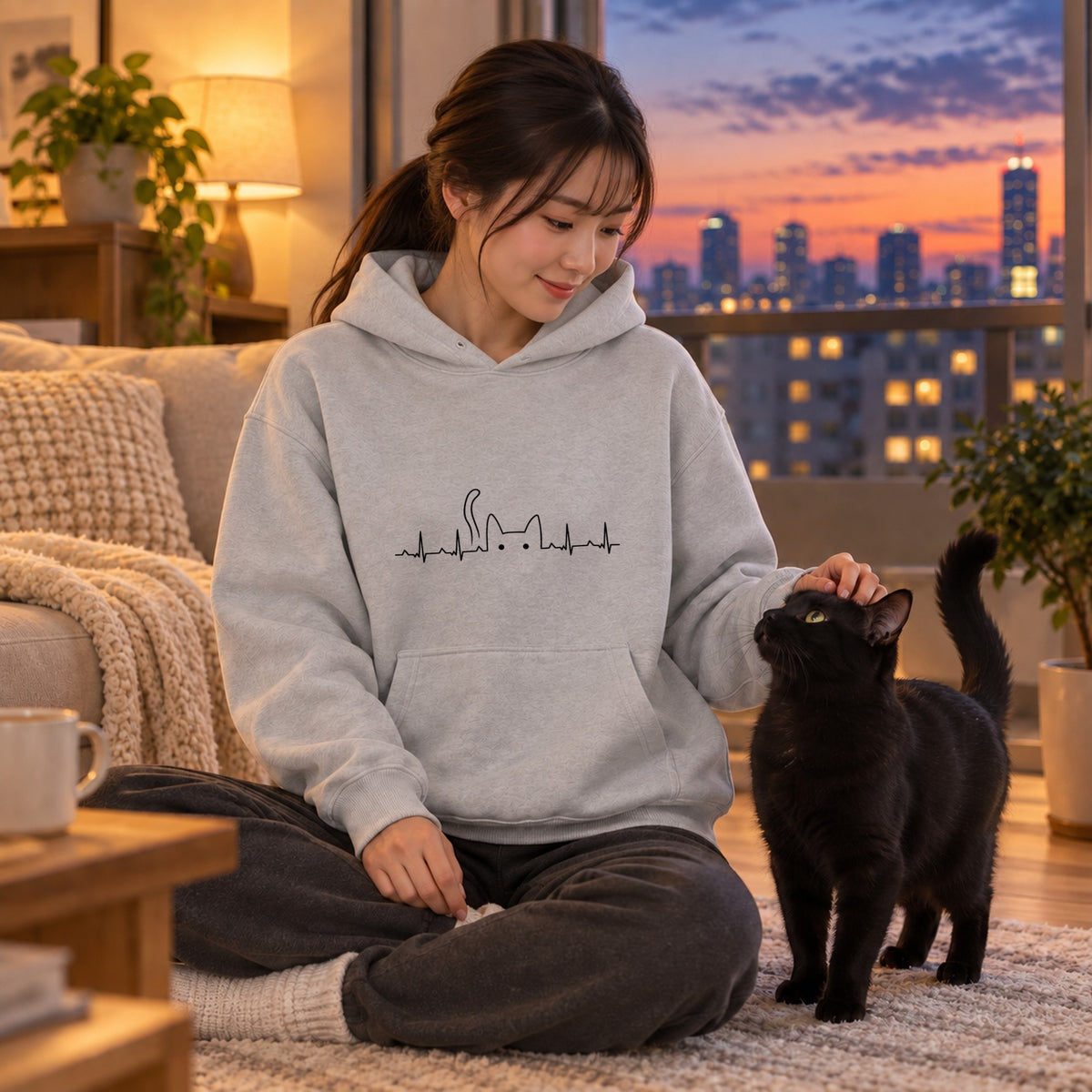 猫 心電図 キャット ハートビート パーカー ｜フロントプリント