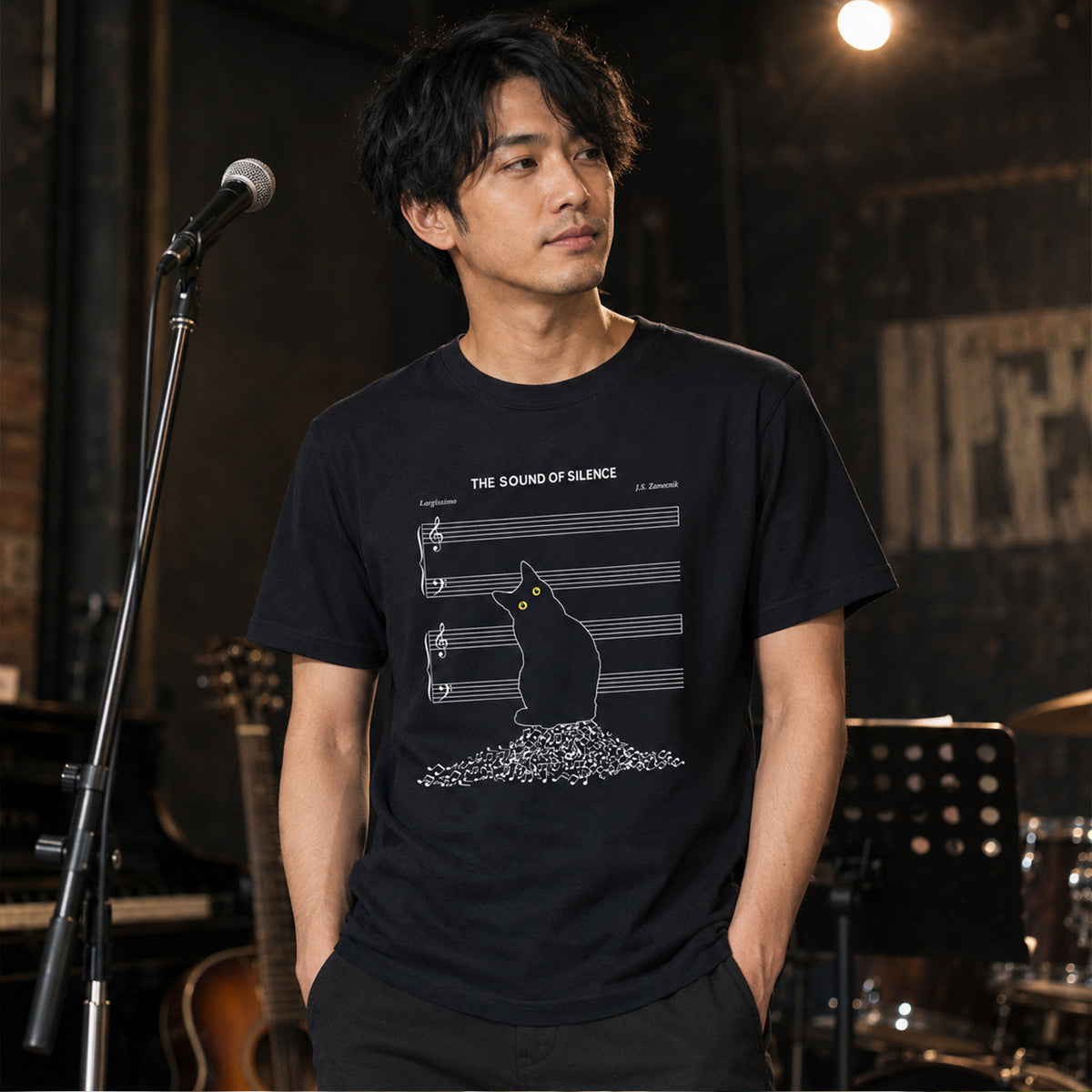 The Sound of Silence 黒猫 Tシャツ ｜ 猫好き・音楽好き・おもしろ・シュールに人気