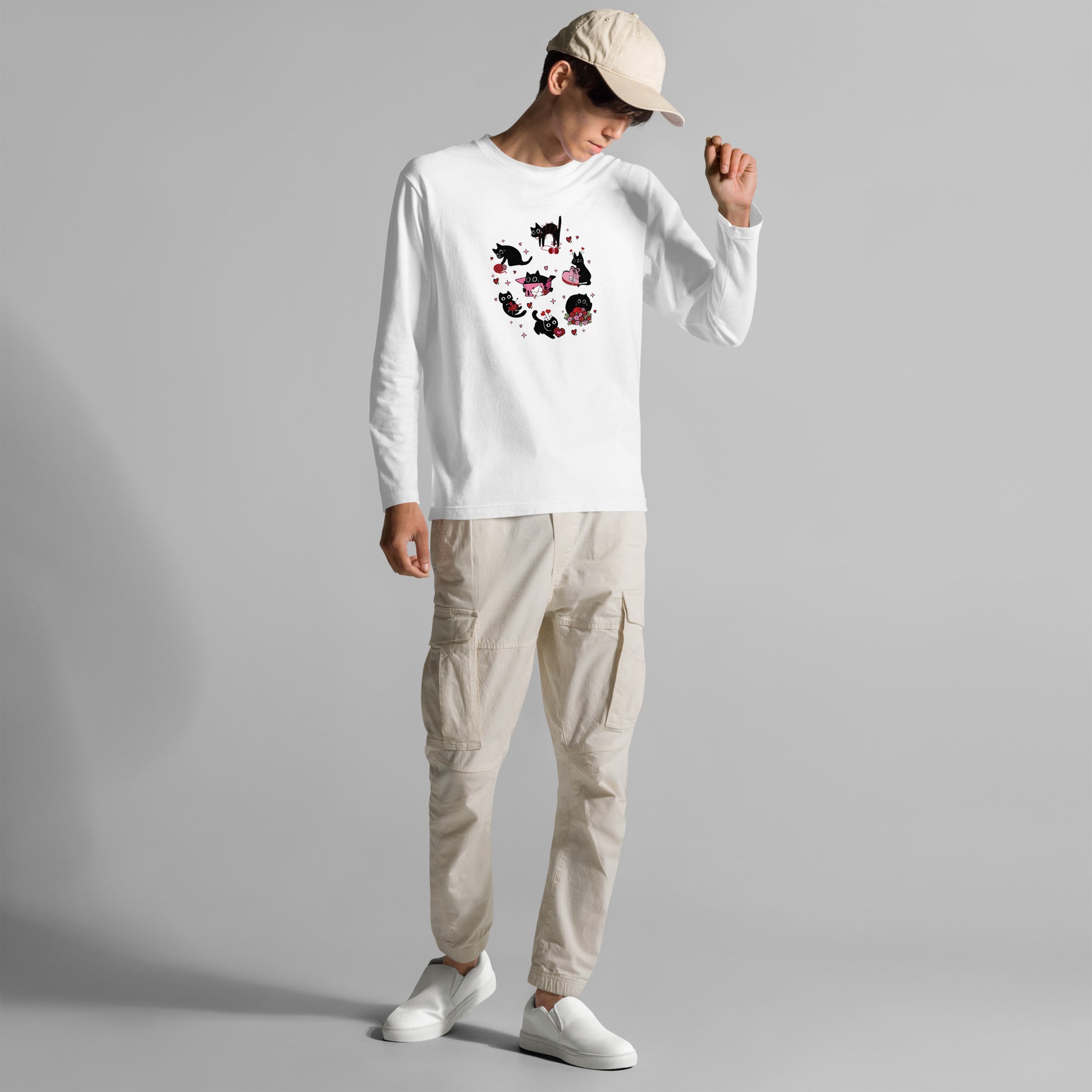 【バレンタイン限定】猫 ロン t 猫 長袖 t シャツ ねこ 可愛い猫イラスト.