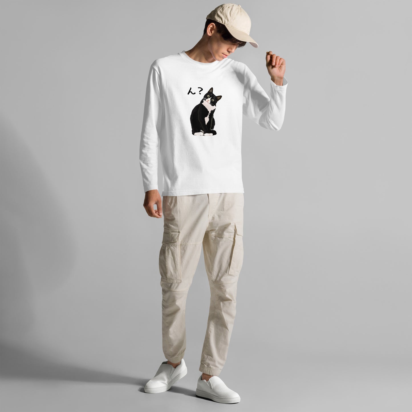 猫 ロン t 猫 長袖 t シャツ ねこ 猫イラスト ハチワレ猫 ん？.
