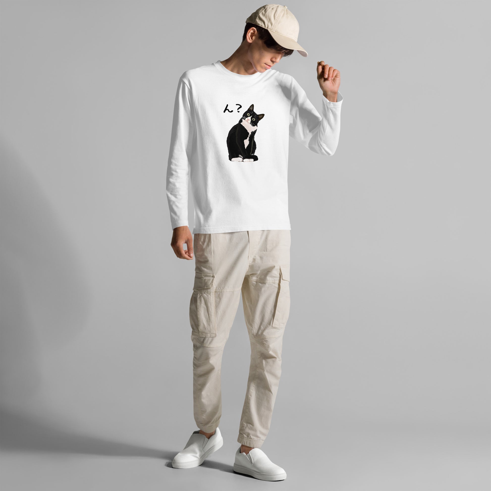 猫 ロン t 猫 長袖 t シャツ ねこ 猫イラスト ハチワレ猫 ん？.