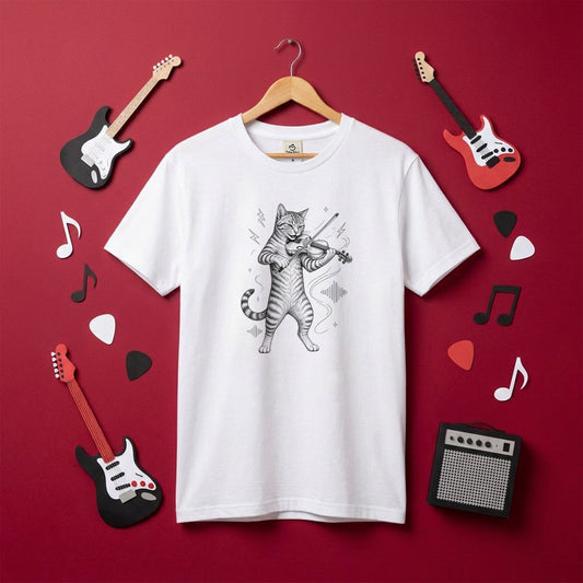 バイオリンキャット | 猫 バイオリン 演奏 イラスト Tシャツ【猫好き・バイオリニスト・クラシック・誕生日ギフトに最適】