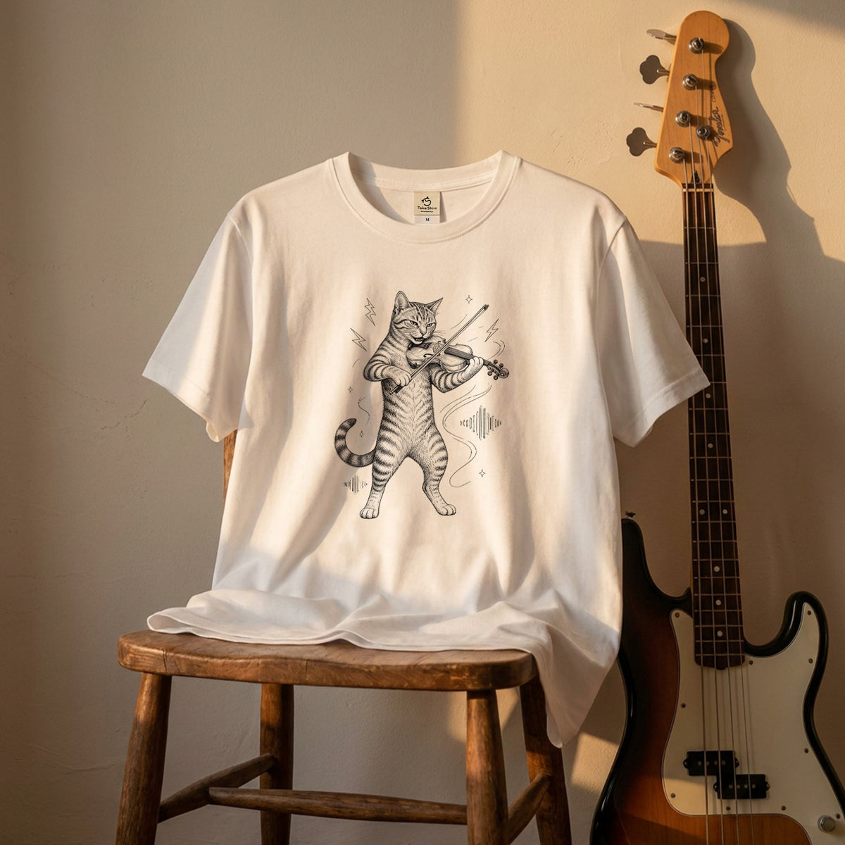 バイオリンキャット | 猫 バイオリン 演奏 イラスト Tシャツ【猫好き・バイオリニスト・クラシック・誕生日ギフトに最適】