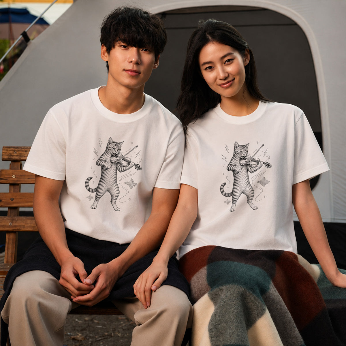 バイオリンキャット | 猫 バイオリン 演奏 イラスト Tシャツ【猫好き・バイオリニスト・クラシック・誕生日ギフトに最適】